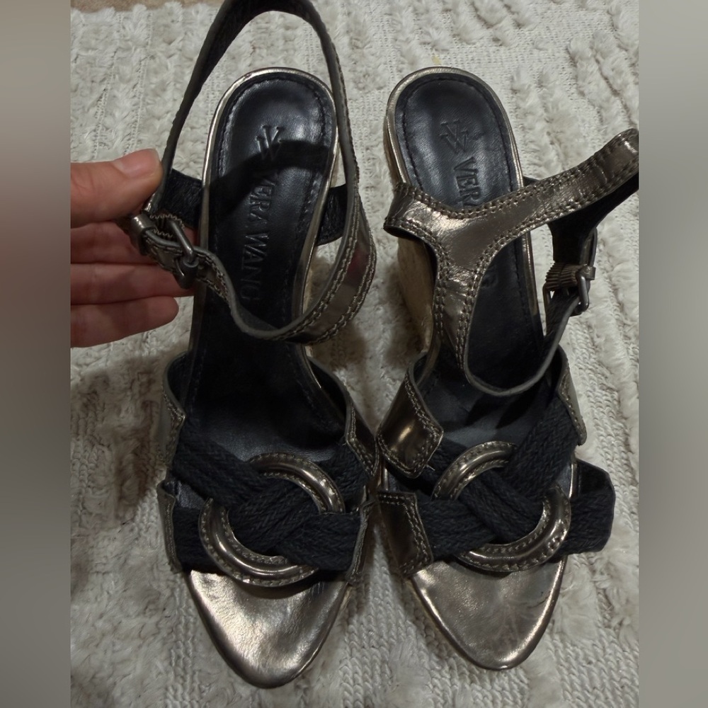 Vera Wang Metallic Bronze and Black Braided Wedge Sandals